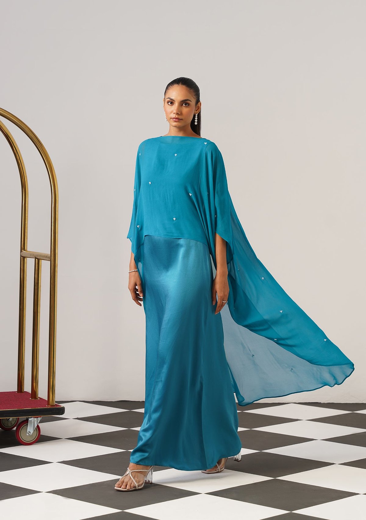 Teal Satin Maxi Gown with Georgette Cape Overlay