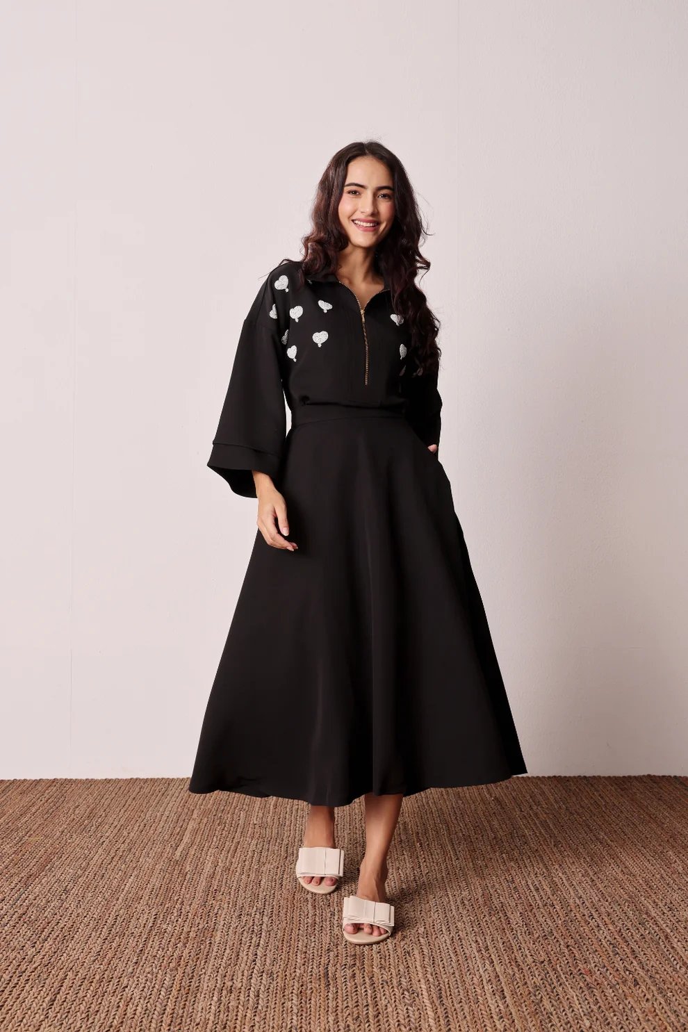 Black Heart Print Top and Midi Skirt Co-ord Set
