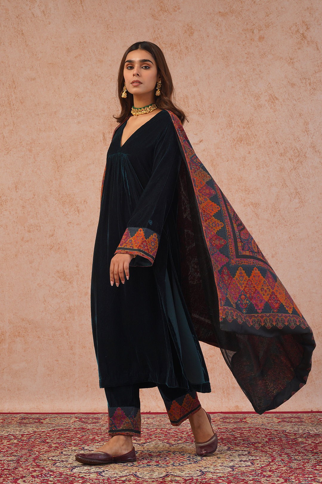 Teal Blue Velvet A-Line Kurta Set with Woven Dupatta