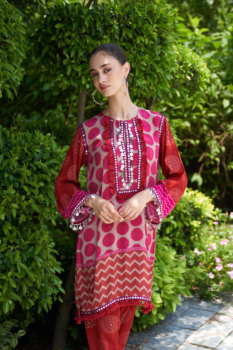 Pink Printed Mirror Work Kurta Set with Pants