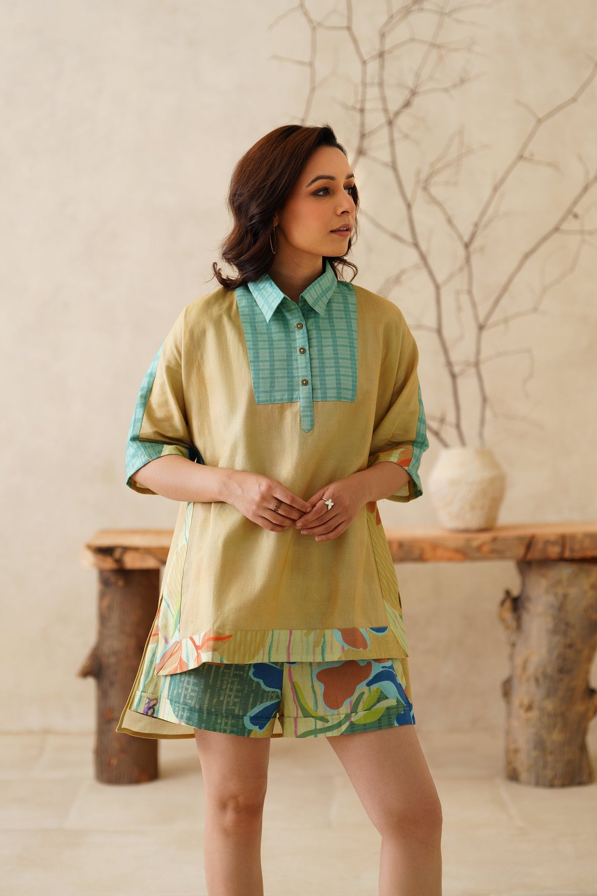 Beige Top and Printed Shorts Cotton Flex Co-ord Set