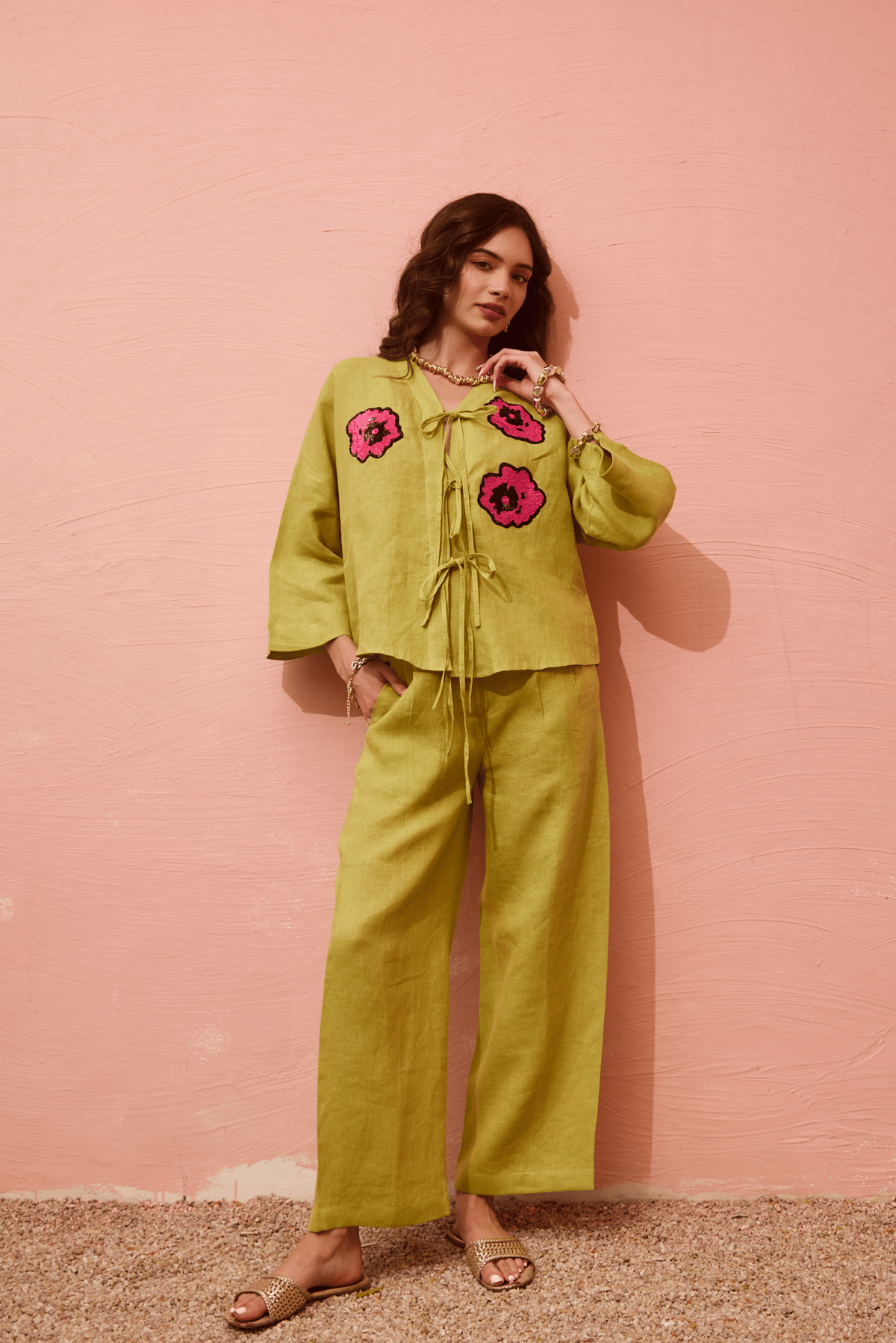 Mustard Yellow Linen Sequin Patch Co-ord Set