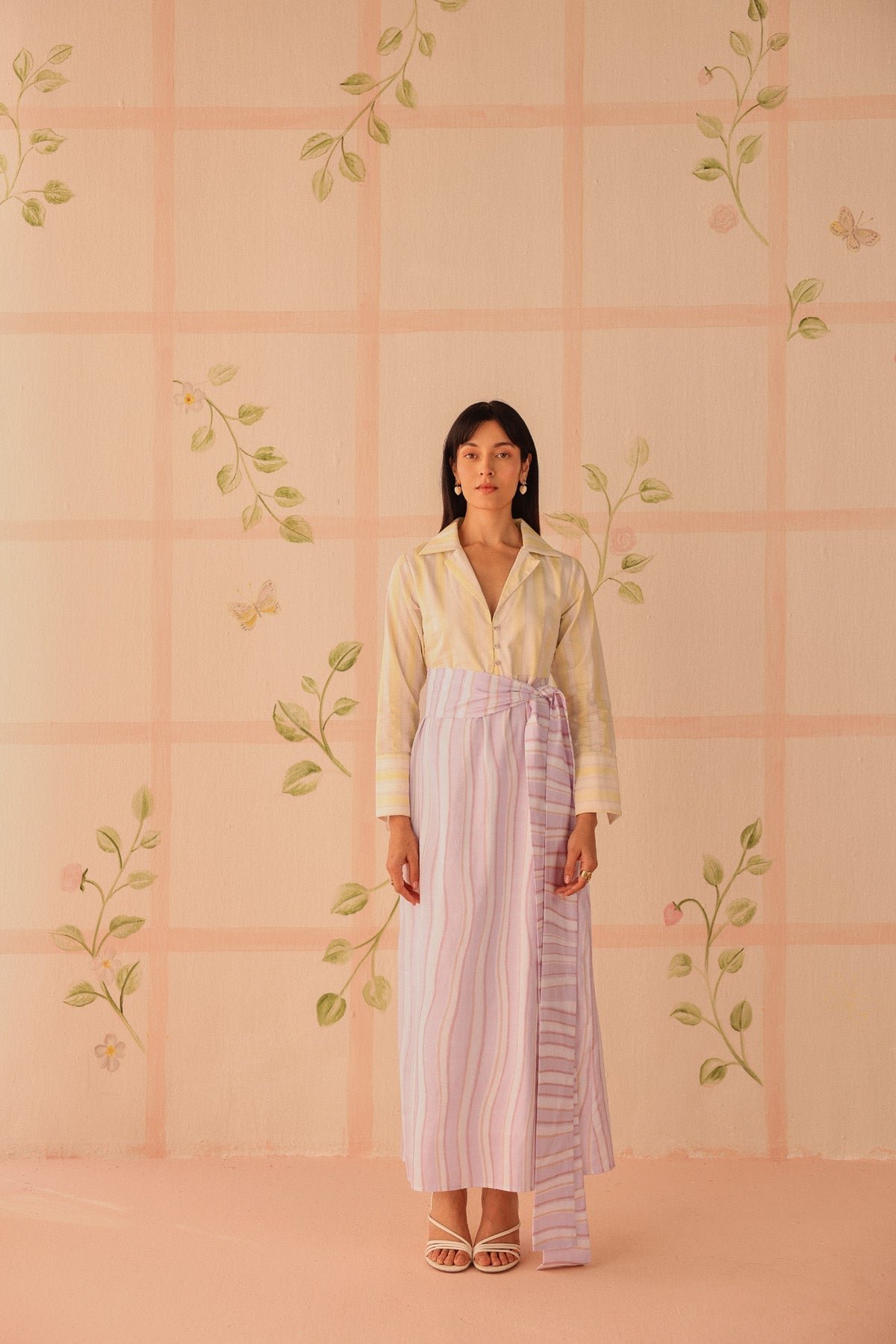 Lilac Yellow Pastel Striped Cotton Satin Shirt