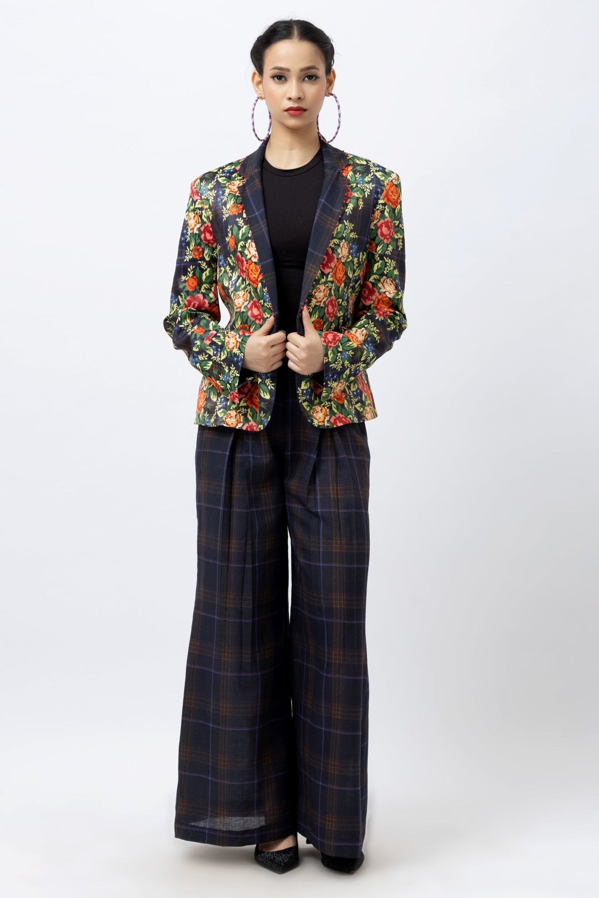 Dark Navy Floral Blazer and Wide-Leg Pants Co-ord Set