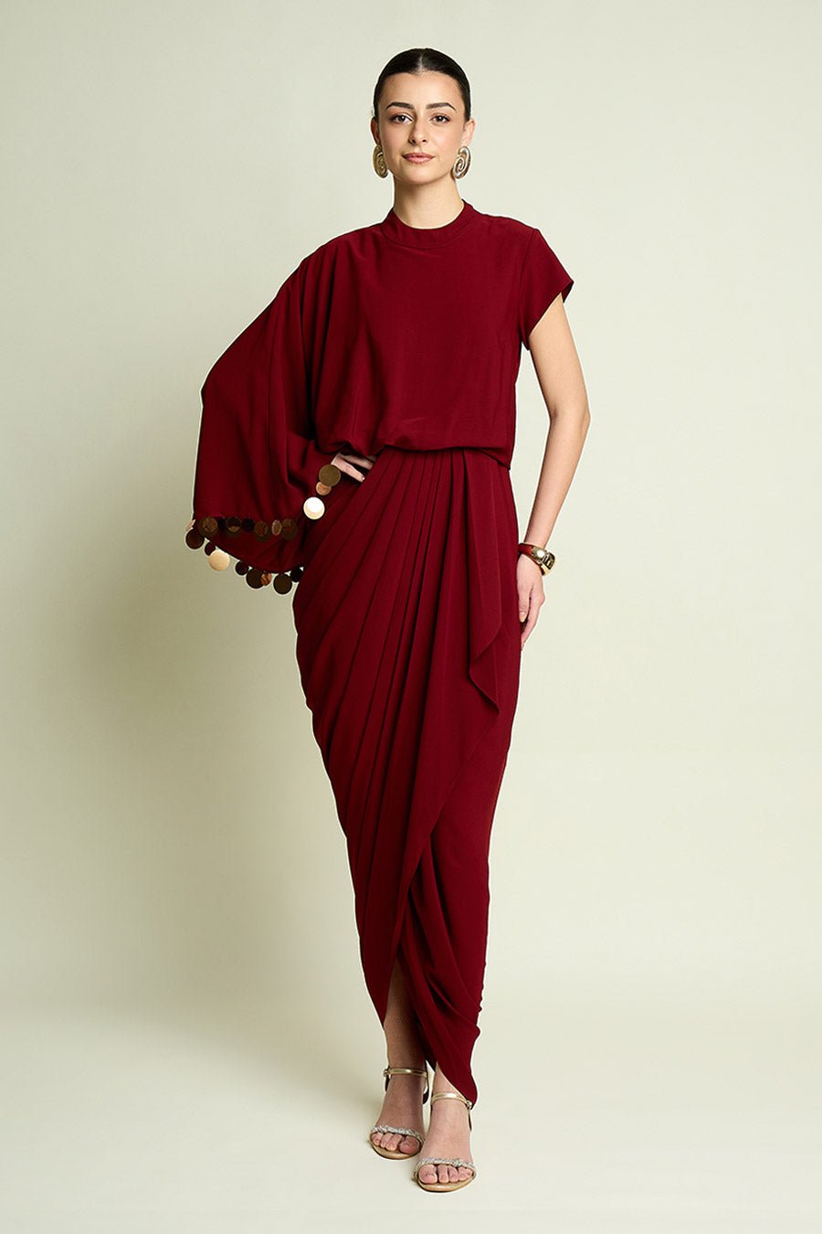 Wine Draped Dress With Metallic Coin Detail