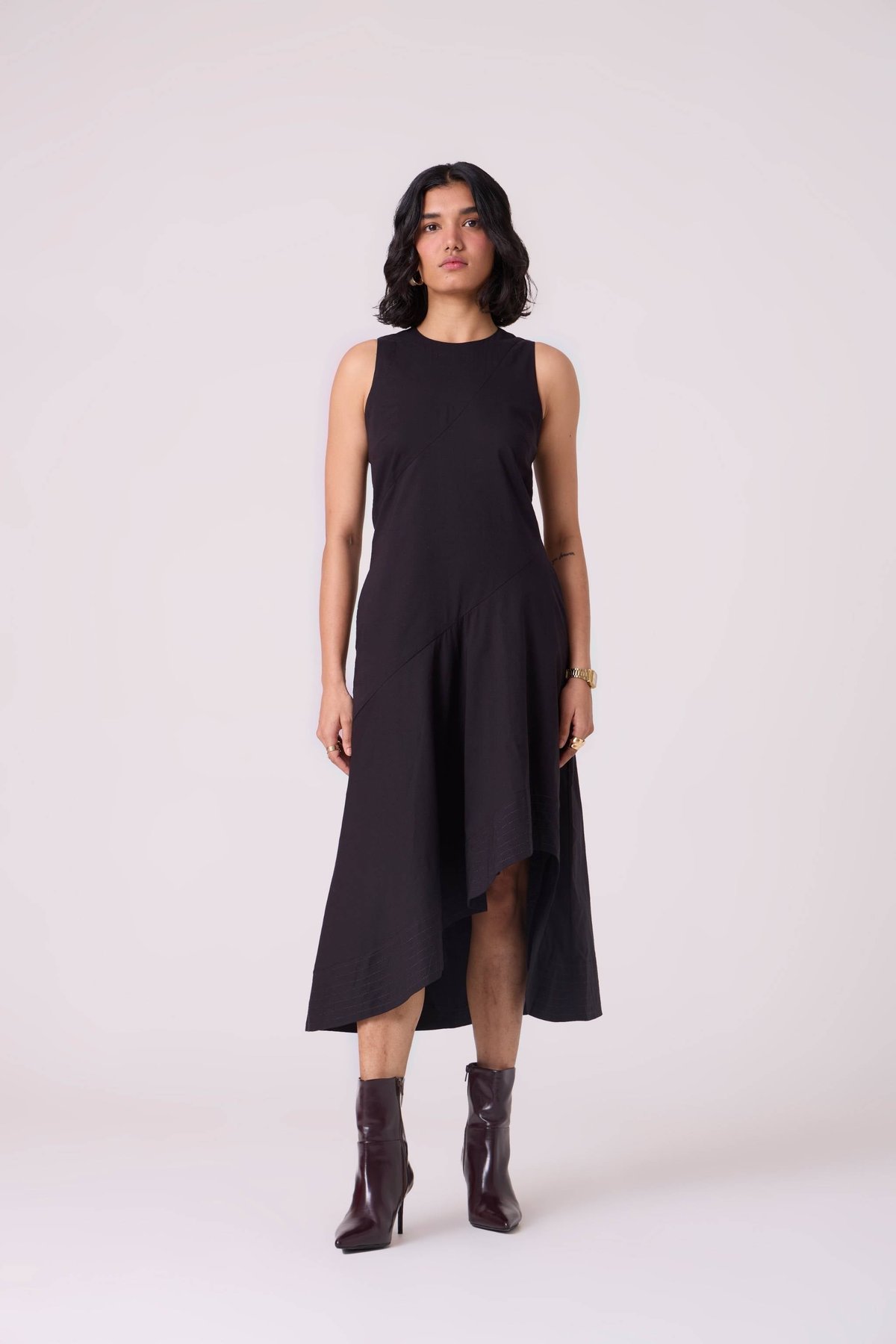 Black Organic Cotton Cambric Asymmetric Midi Dress
