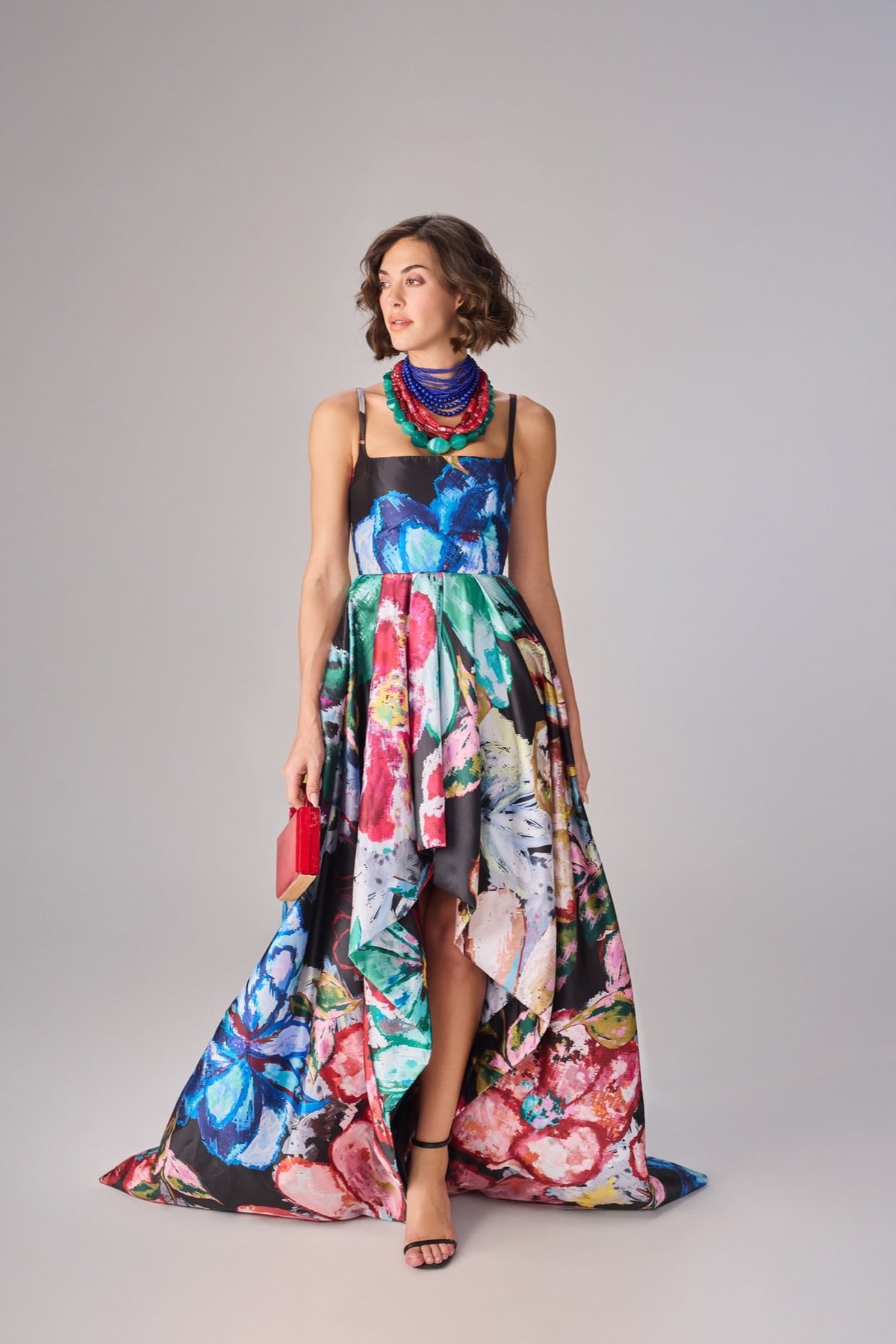 Multi Floral Print Square Neck Asymmetric Trail Gown