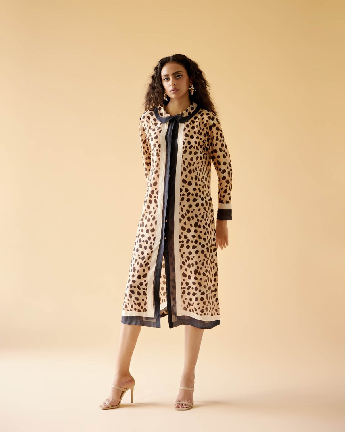 Beige and Black Animal Print Midi Shirt Dress