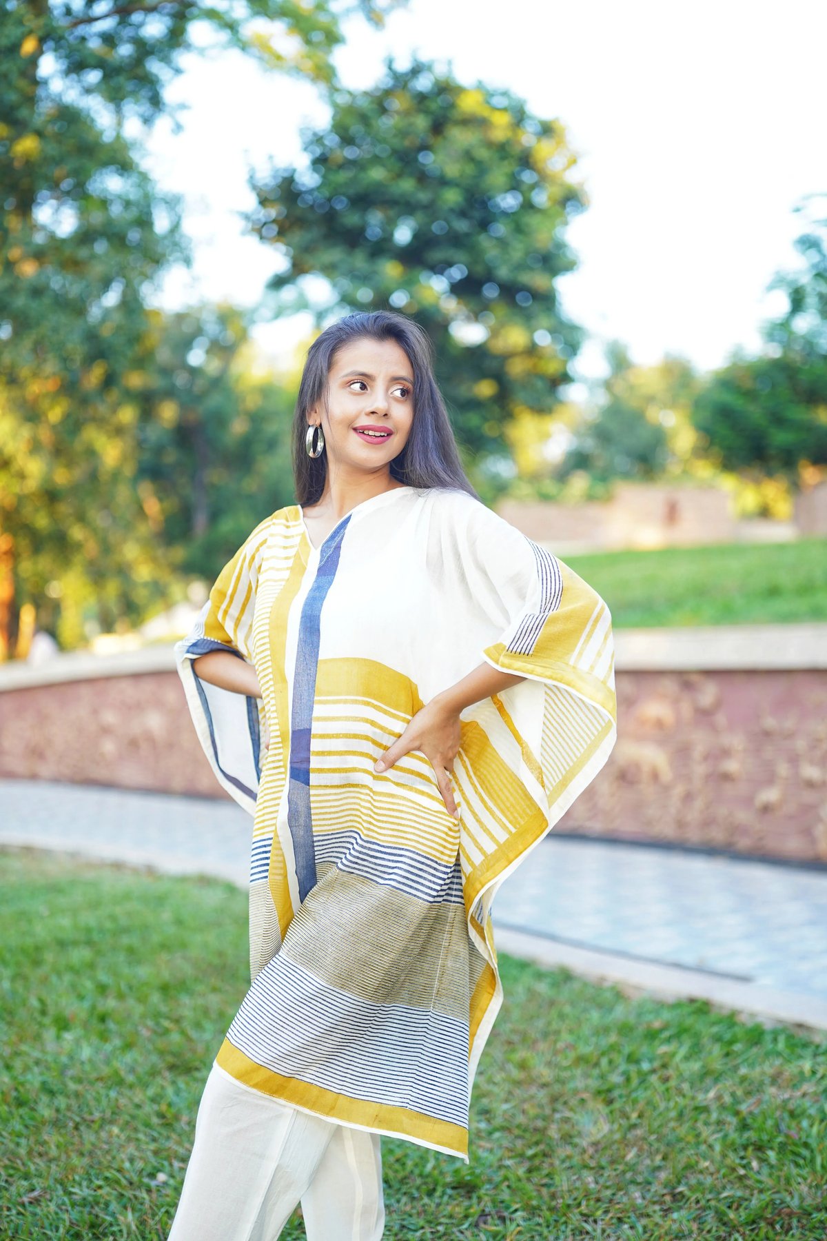 White Striped V-Neck Long Cotton Kaftan