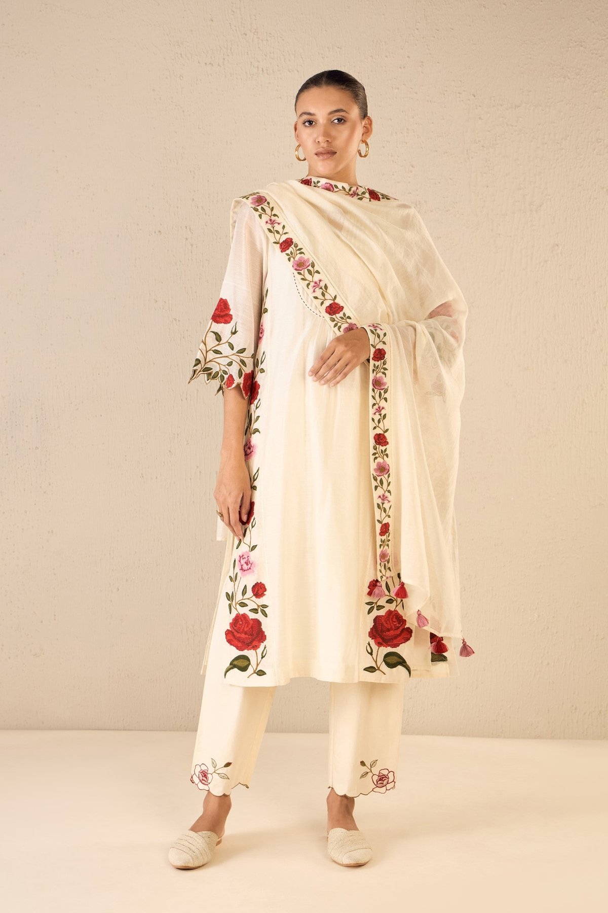 Royal Rose: Ivory Side Gather Tunic With Red Pant