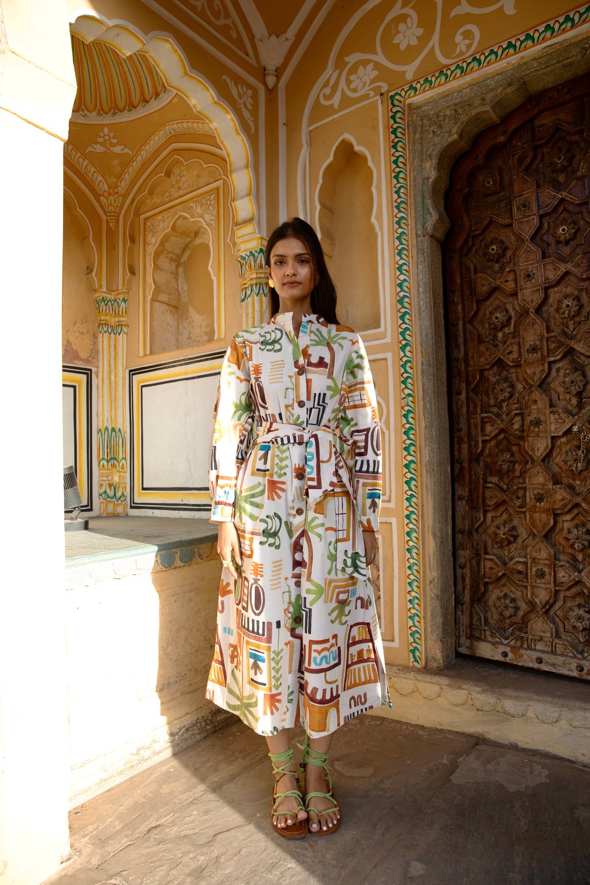 White Casablanca Print Midi Shirt Dress with Belt