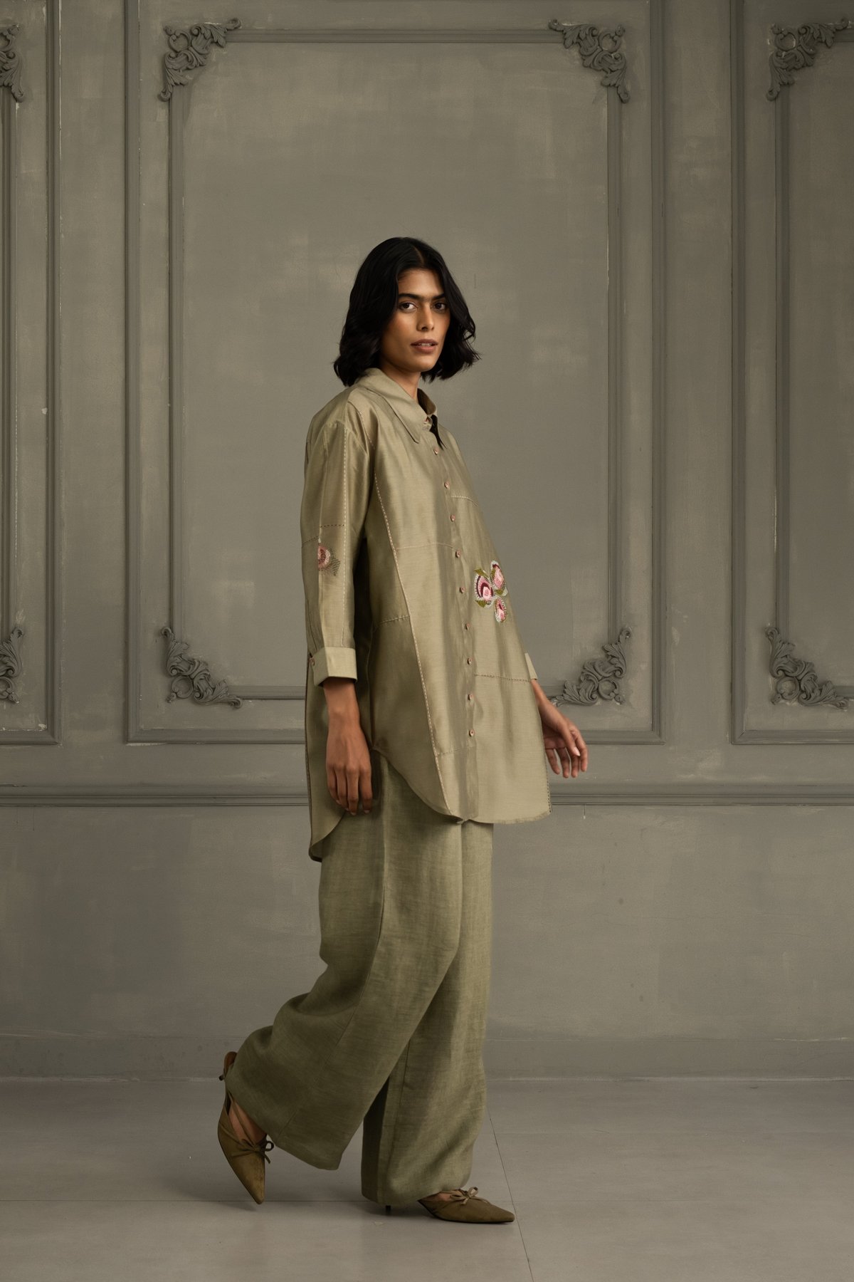 Sage Green Shirt In Silk Chanderi With Embroidery