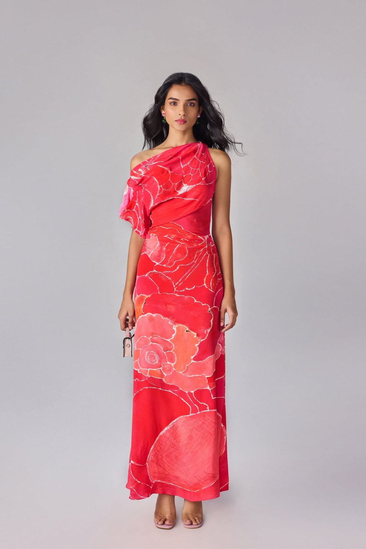 Pink One-Shoulder Abstract Floral Print Maxi Dress