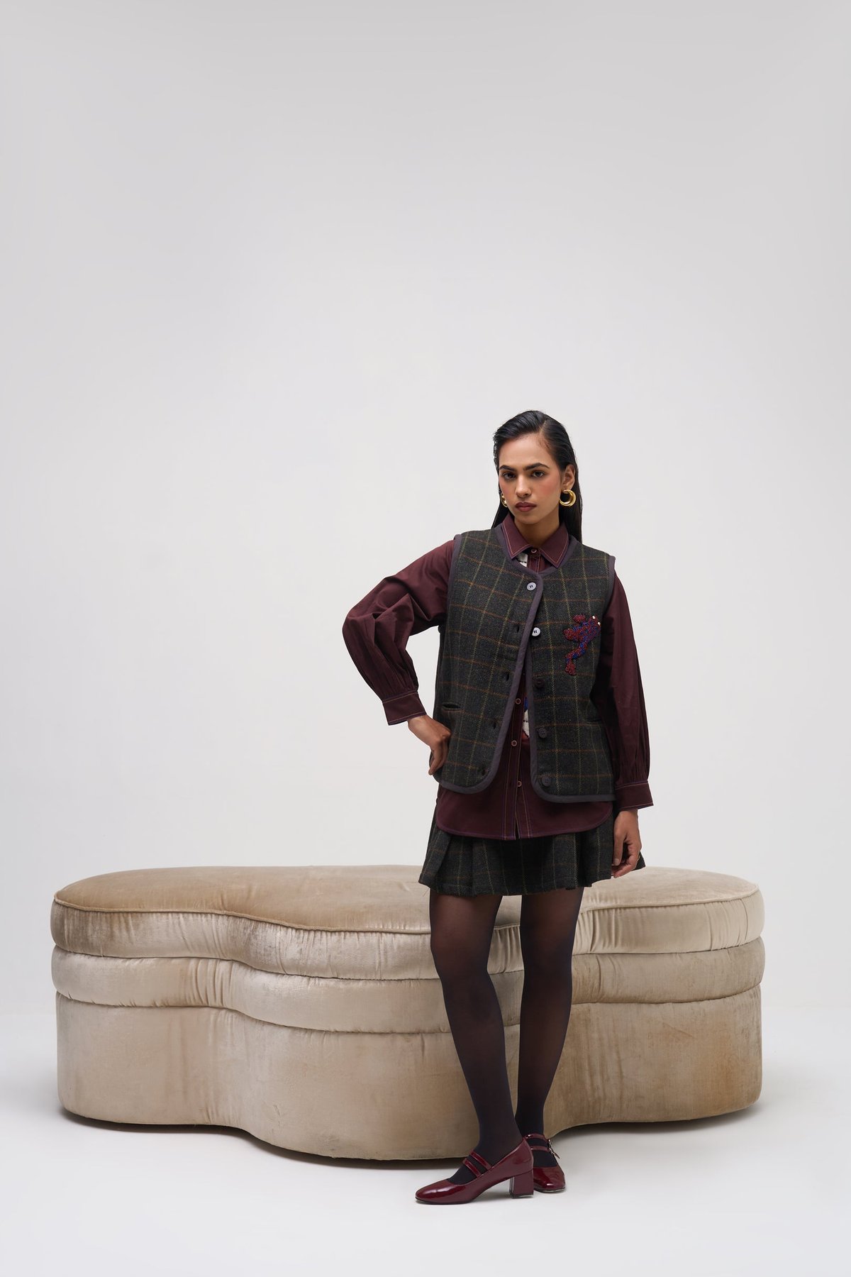 Olive Green Checked Sleeveless Button-Front Vest Jacket