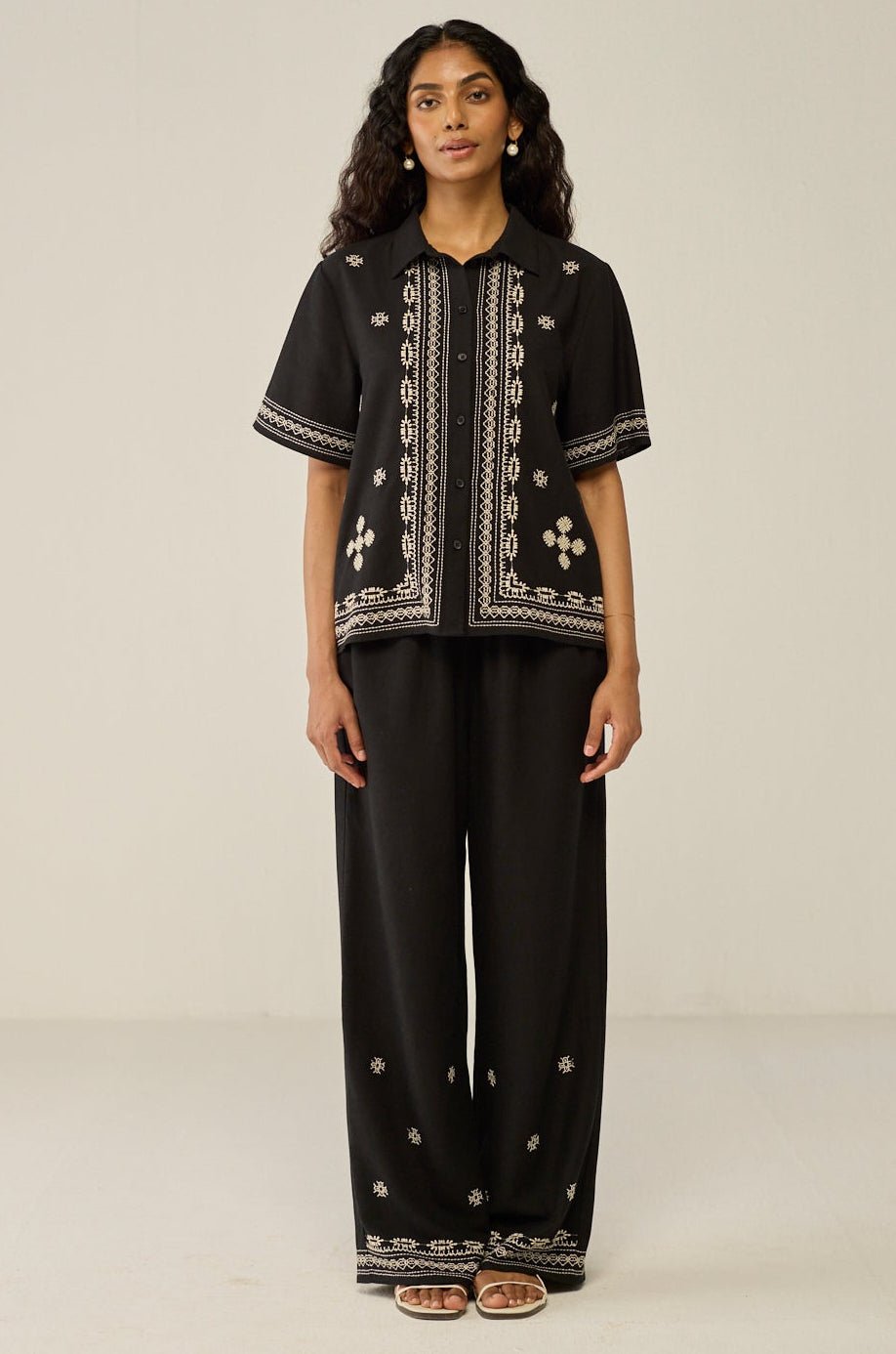 Black Embroidered Shirt And Trouser Co-ord