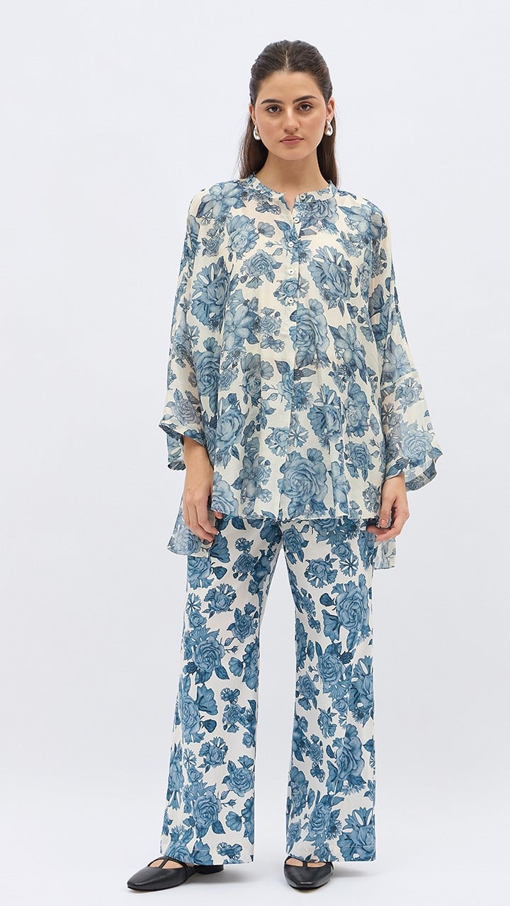 Blue Blossom Flower Tunic With Same Print Pants
