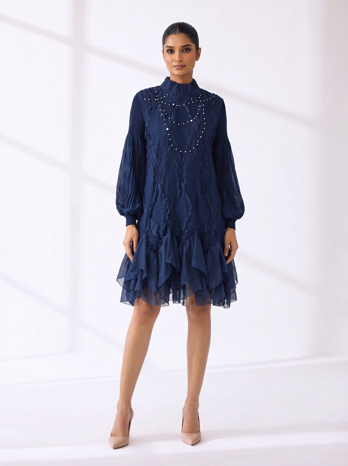 Blue High-Neck Mini Dress with Embellished Yoke