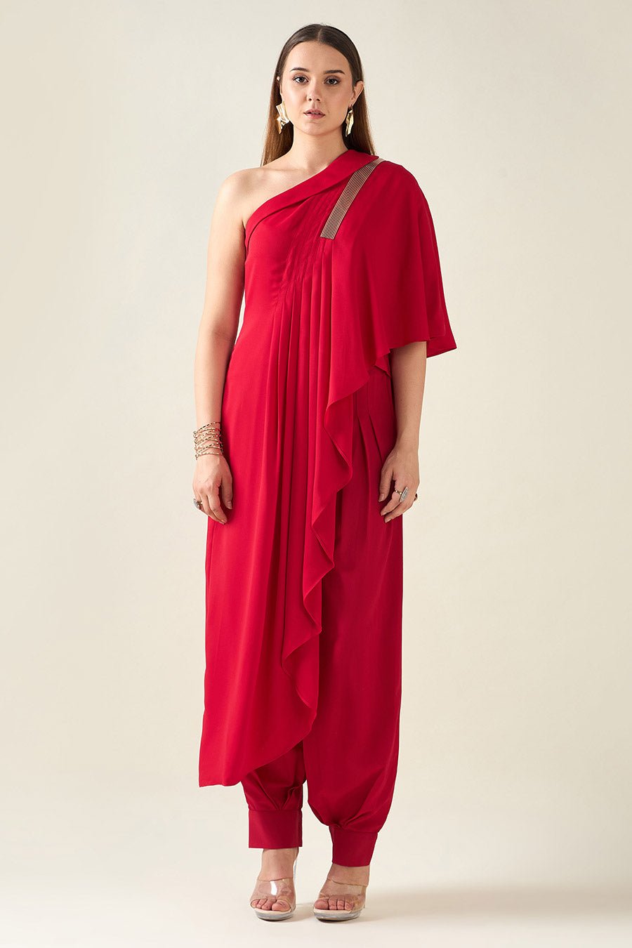 Red Draped Tunic Cord Set