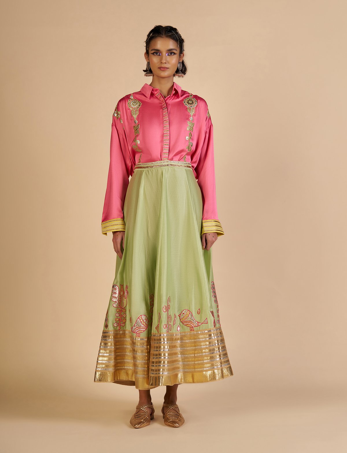 Pista Green Silk Chanderi Maxi Skirt With Gota Border