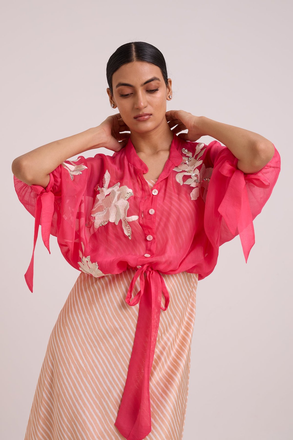 Pink Sheer Organza Bomber and Striped Slip Dress Co-ord Set