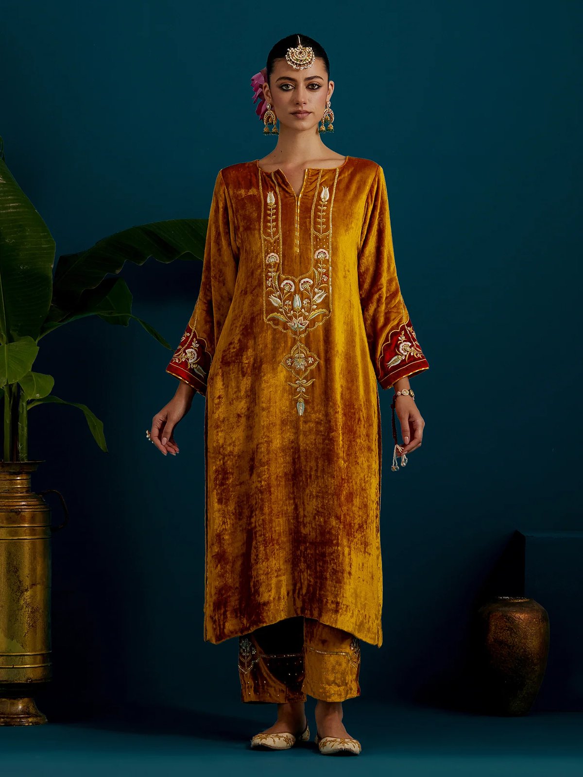 Mustard Orange Velvet Embroidered Kurta and Pant Set