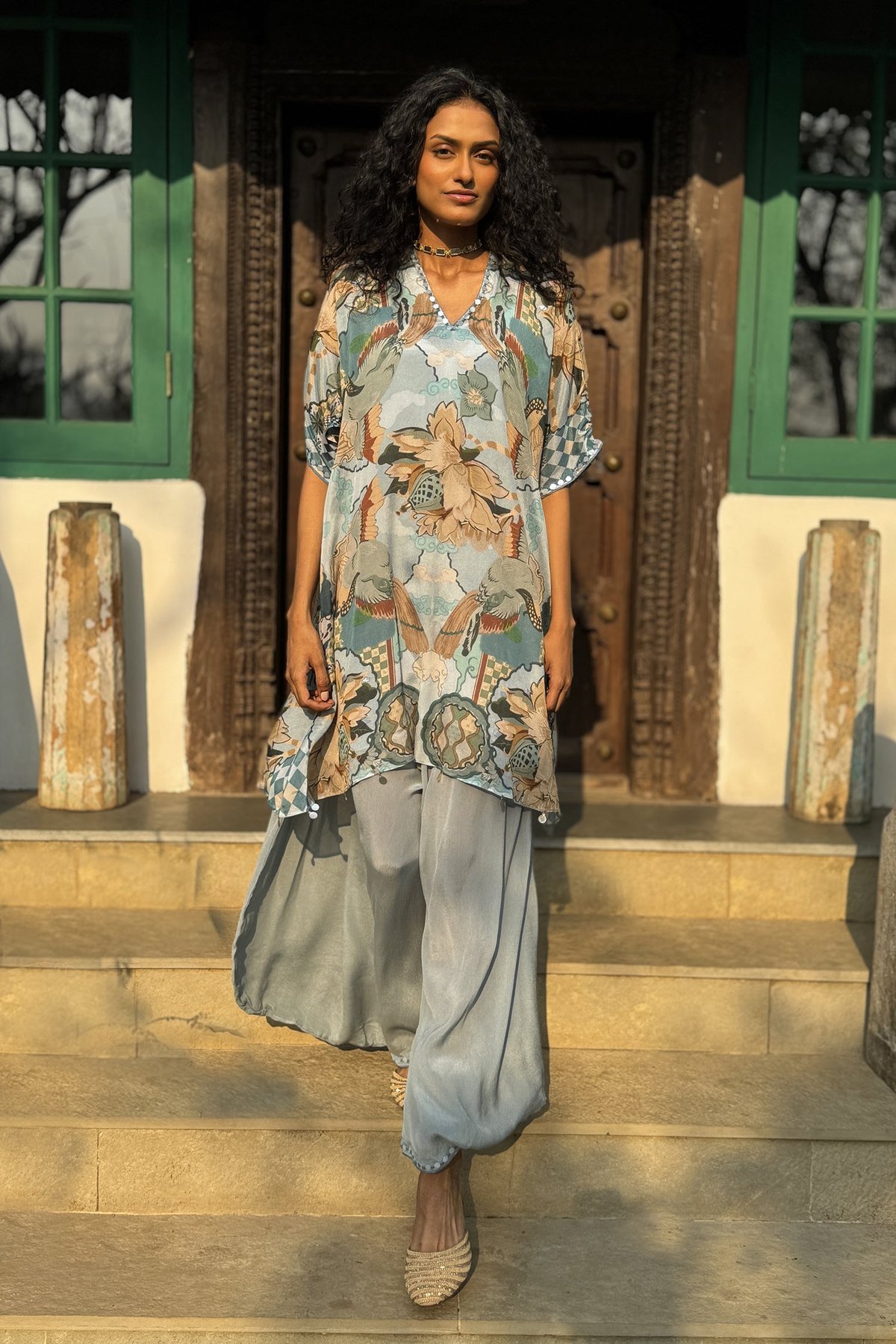 Grey Printed Chinon Chiffon Co-ord Set with Cowl Pants