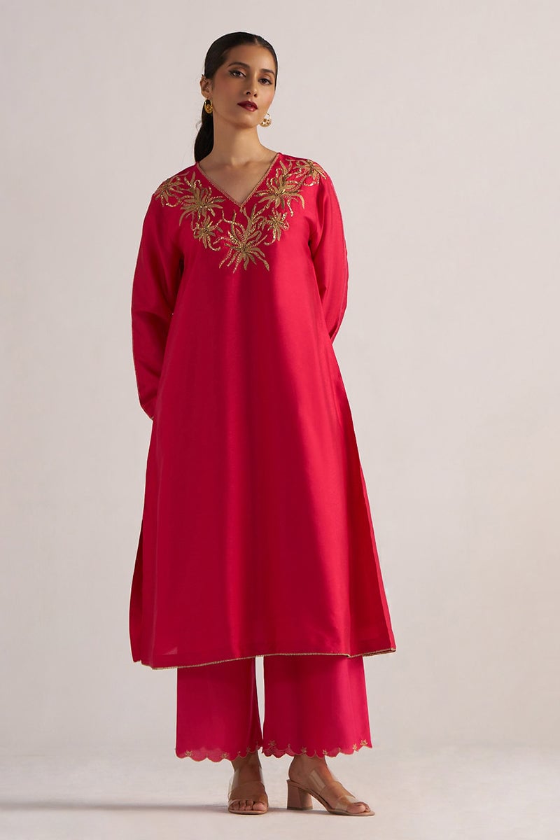 Virtual Pink Embroidered Kurta and Pant Co-ord Set