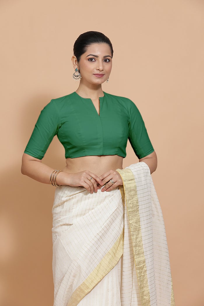 Castleton Green Cotton Saree Blouse with Elbow Sleeves
