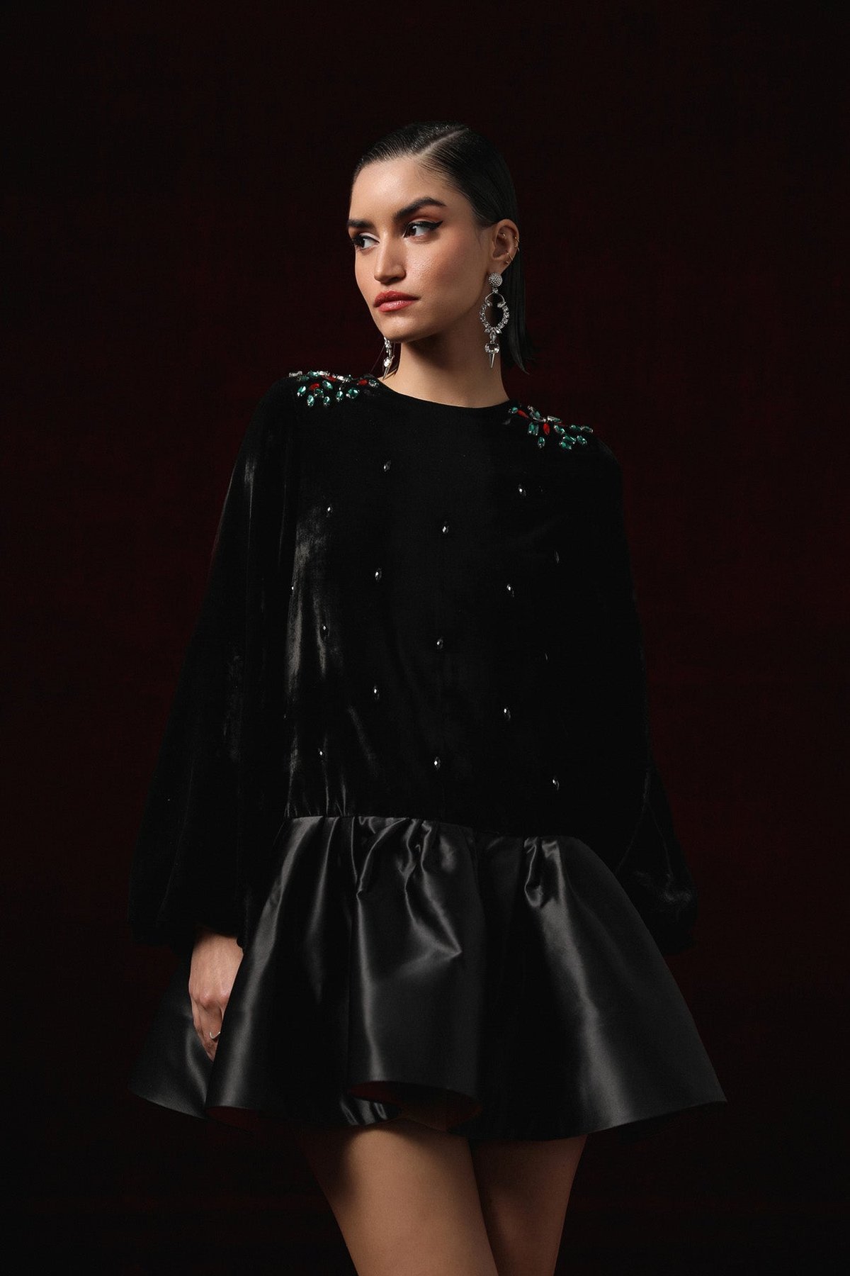 Black Velvet Fit and Flare Mini Dress with Crystal Detail