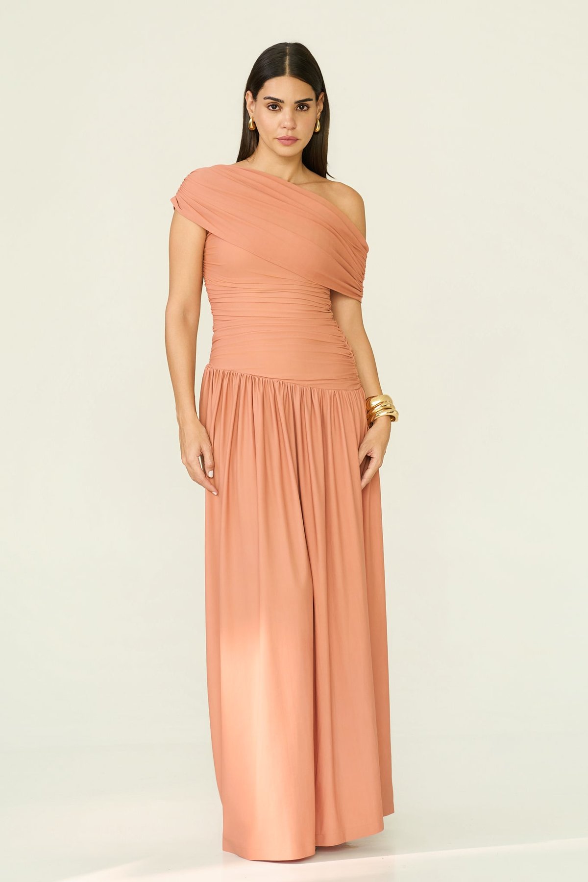 Peach Convertible One-Shoulder Ruched Maxi Dress