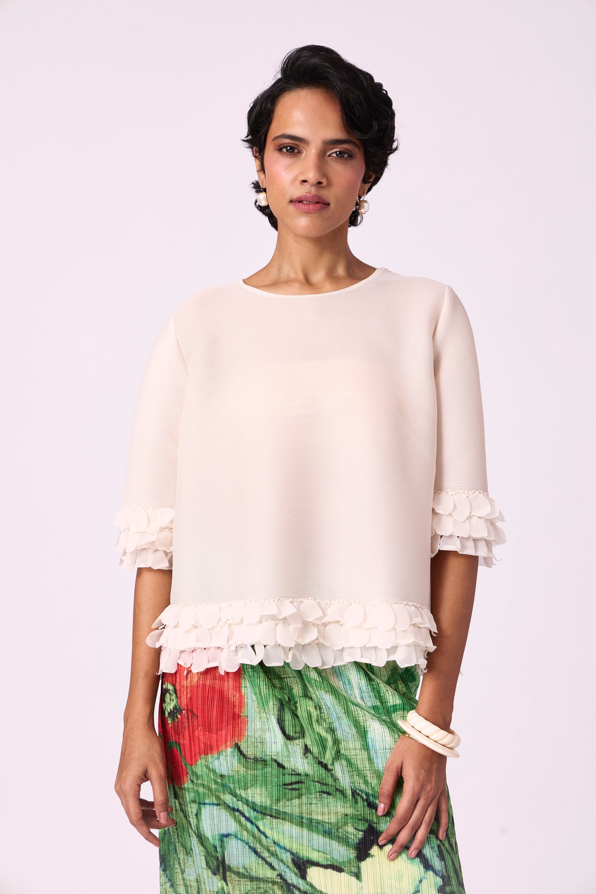 Ivory Pleated A-Line Top with Organza Scallop Hem