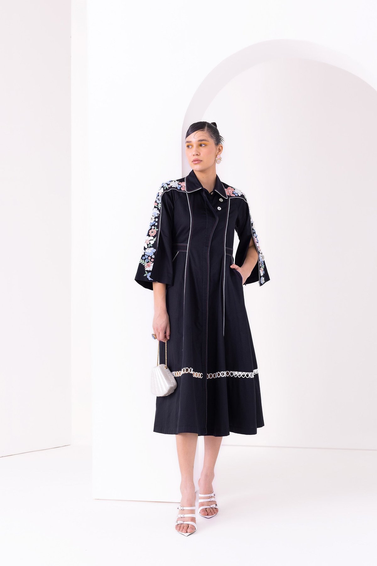 Black Cotton Midi Shirt Dress with Embroidered Cape Sleeves