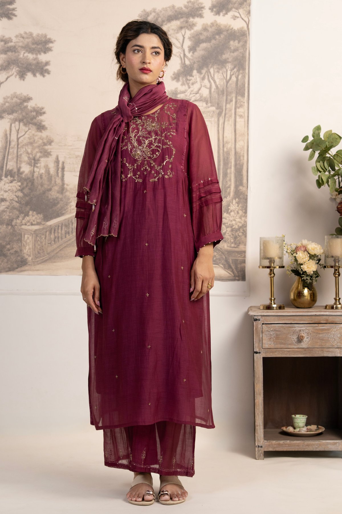 Wine Dabka Yoke Suit Set
