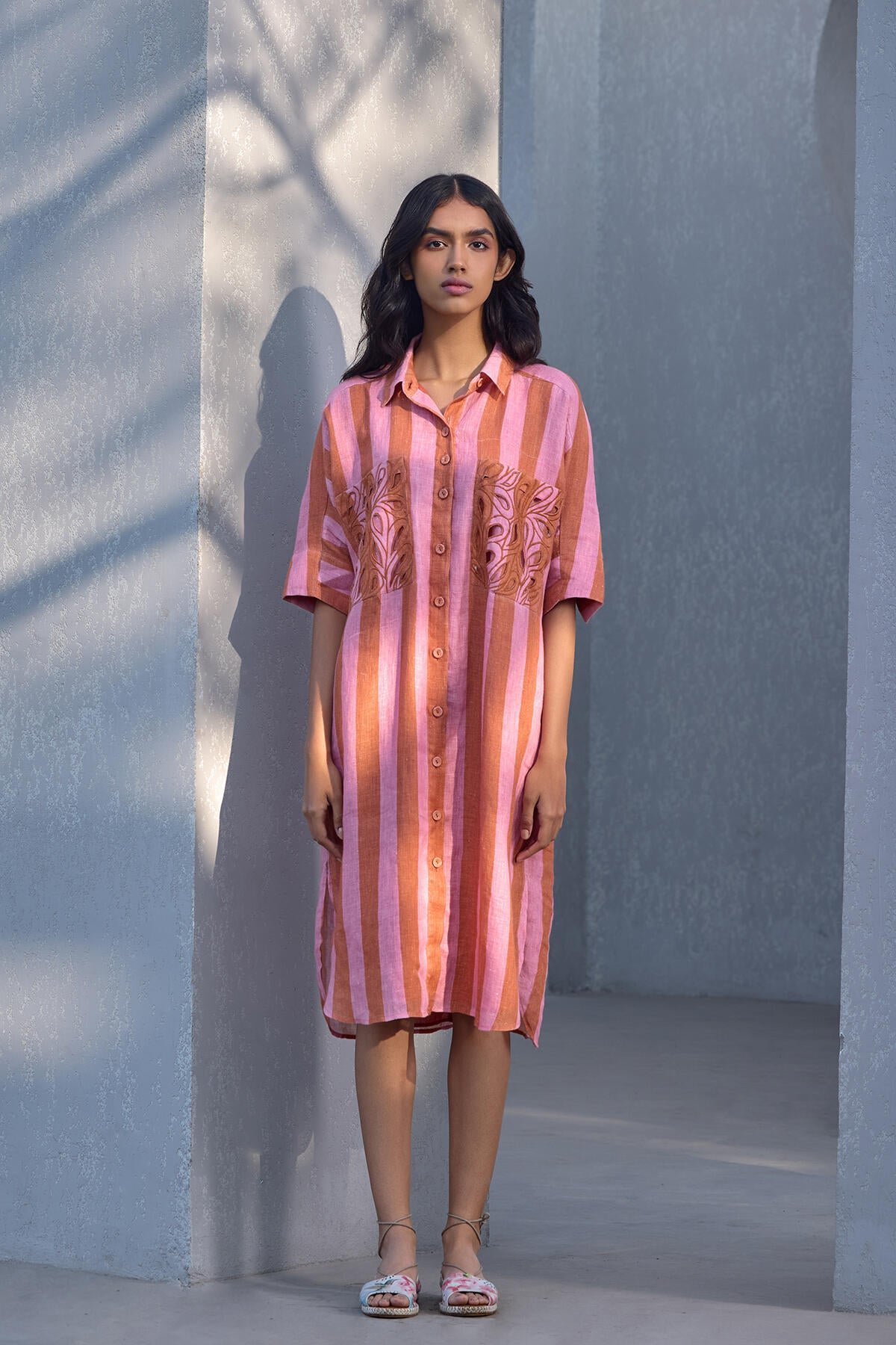 Pink Orange Striped Gauze Linen Midi Shirt Dress