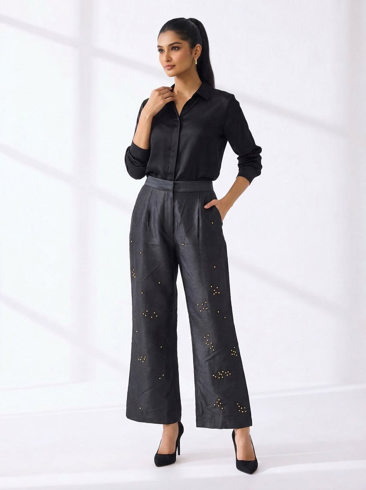 Black High-Rise Wide-Leg Stud Embellished Trousers
