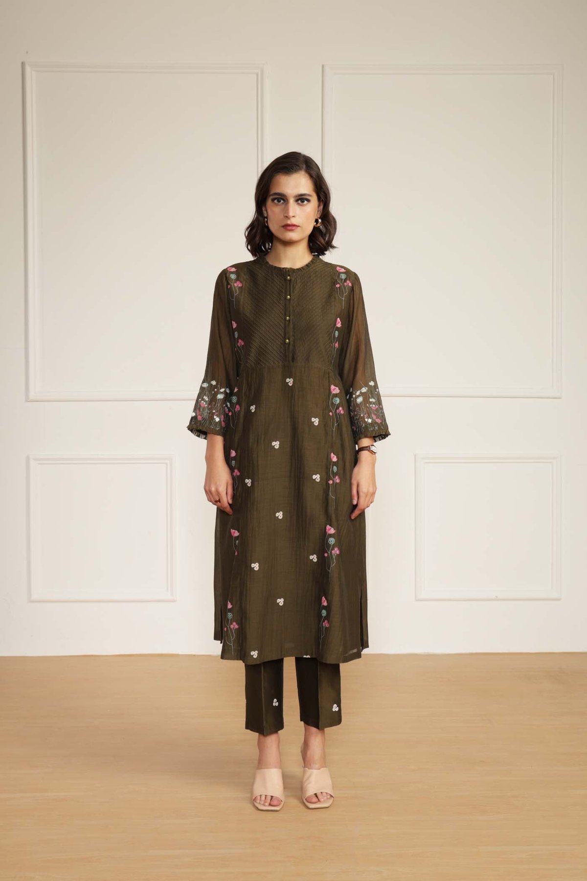 Olive Pintuck Tunic and Straight Pants Co-ord Set