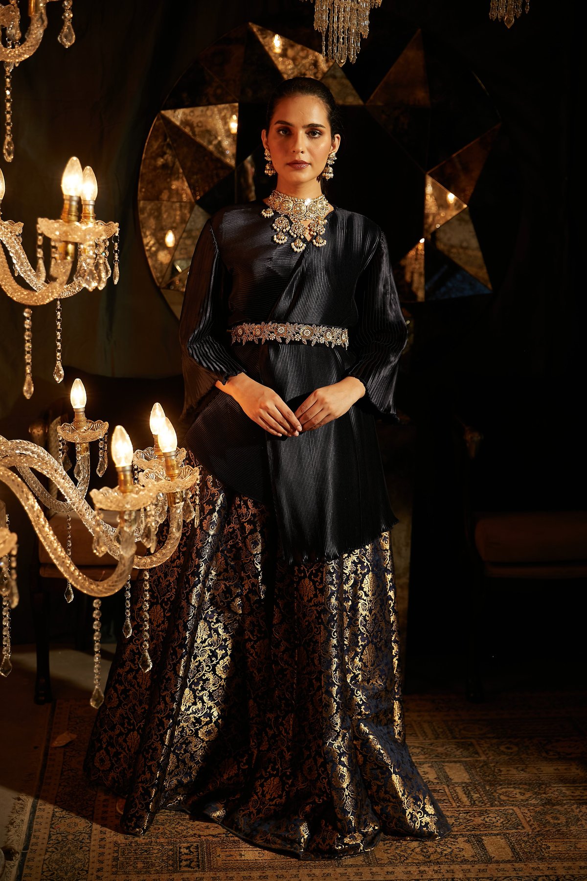 Midnight Blue Asymmetrical Top and Brocade Ghagra Co-ord Set