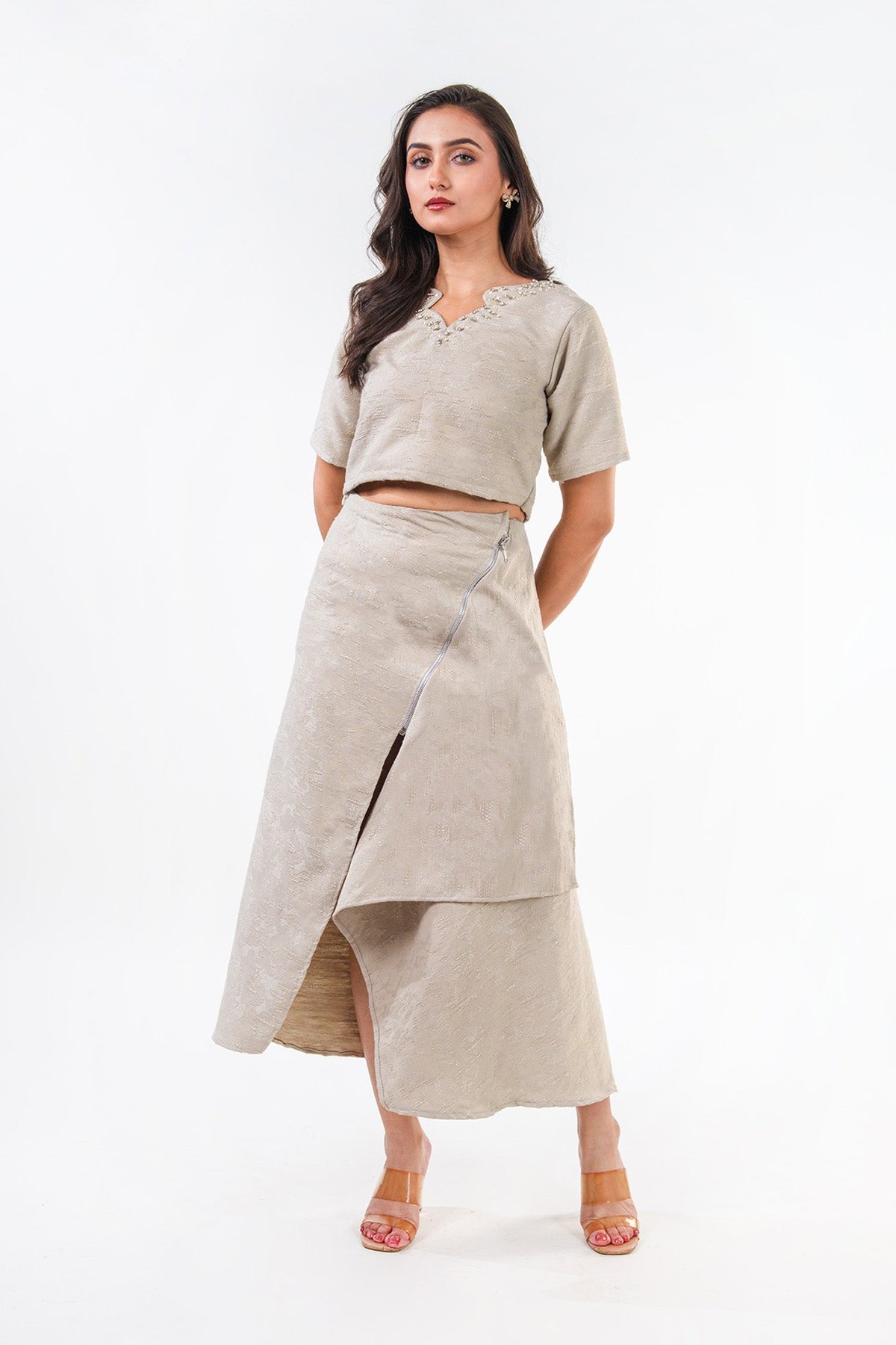 Beige Jacquard Crop Top and Wrap Midi Skirt Co-ord Set