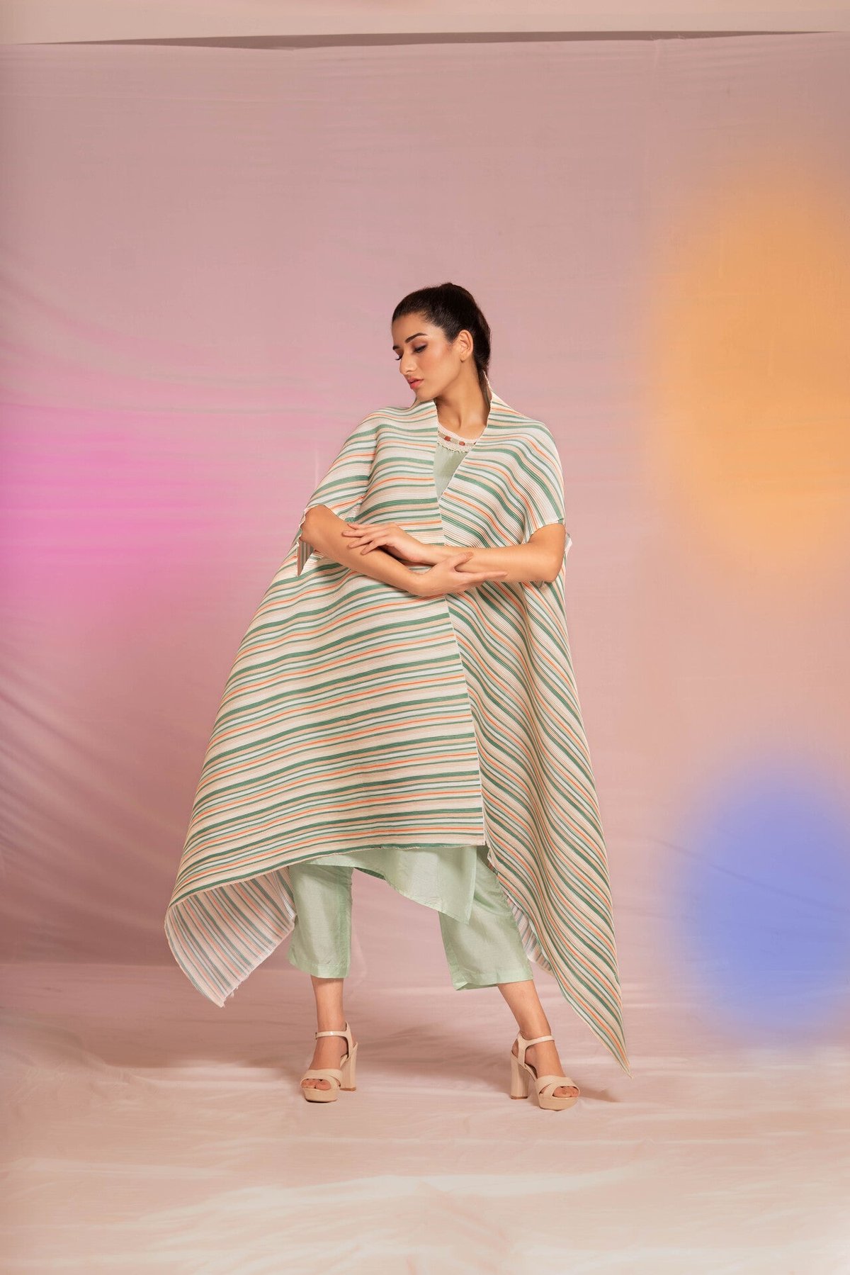 Seafoam Green Silk Kurta Set with Striped Pleated Cape