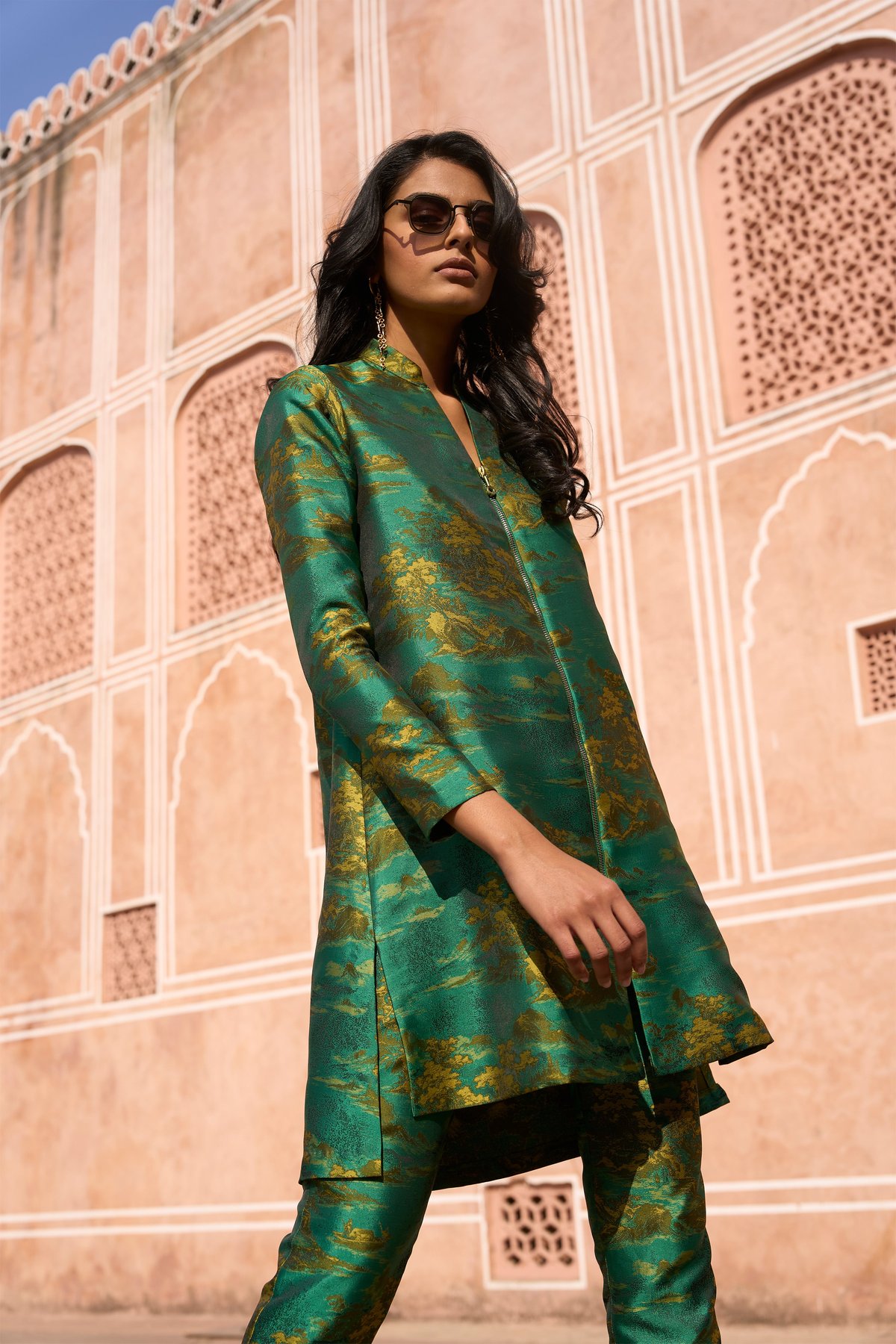Green Multi Brocade Longline Zip-Front Top