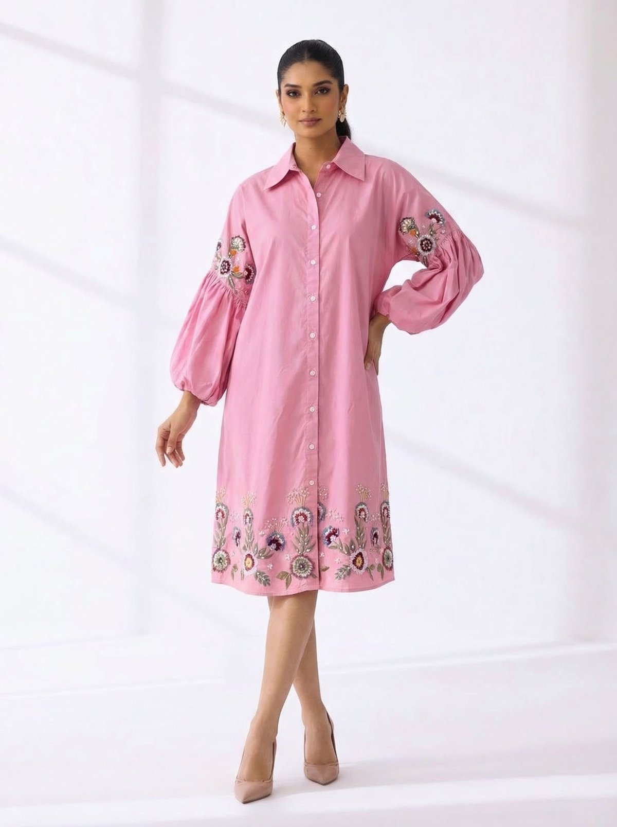 Powder Pink Embroidered Midi Shirt Dress