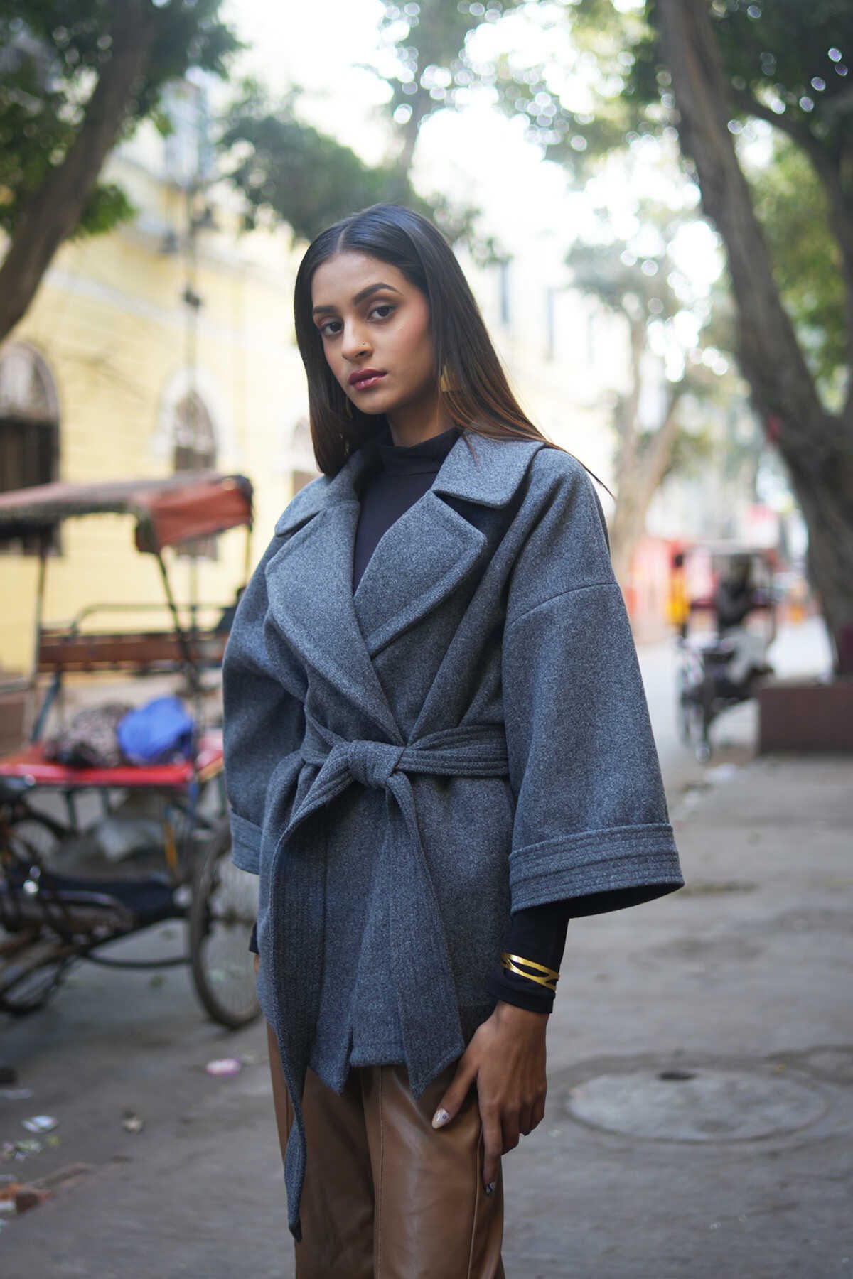 Grey Ink Merino Wool Wrap Coat with Belt