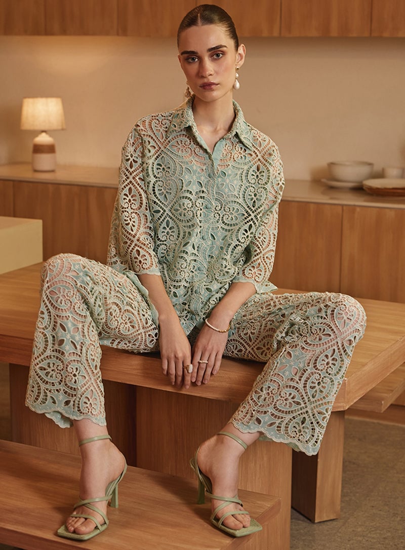 Green Embroidered Mesh Shirt and Pants Co-ord Set