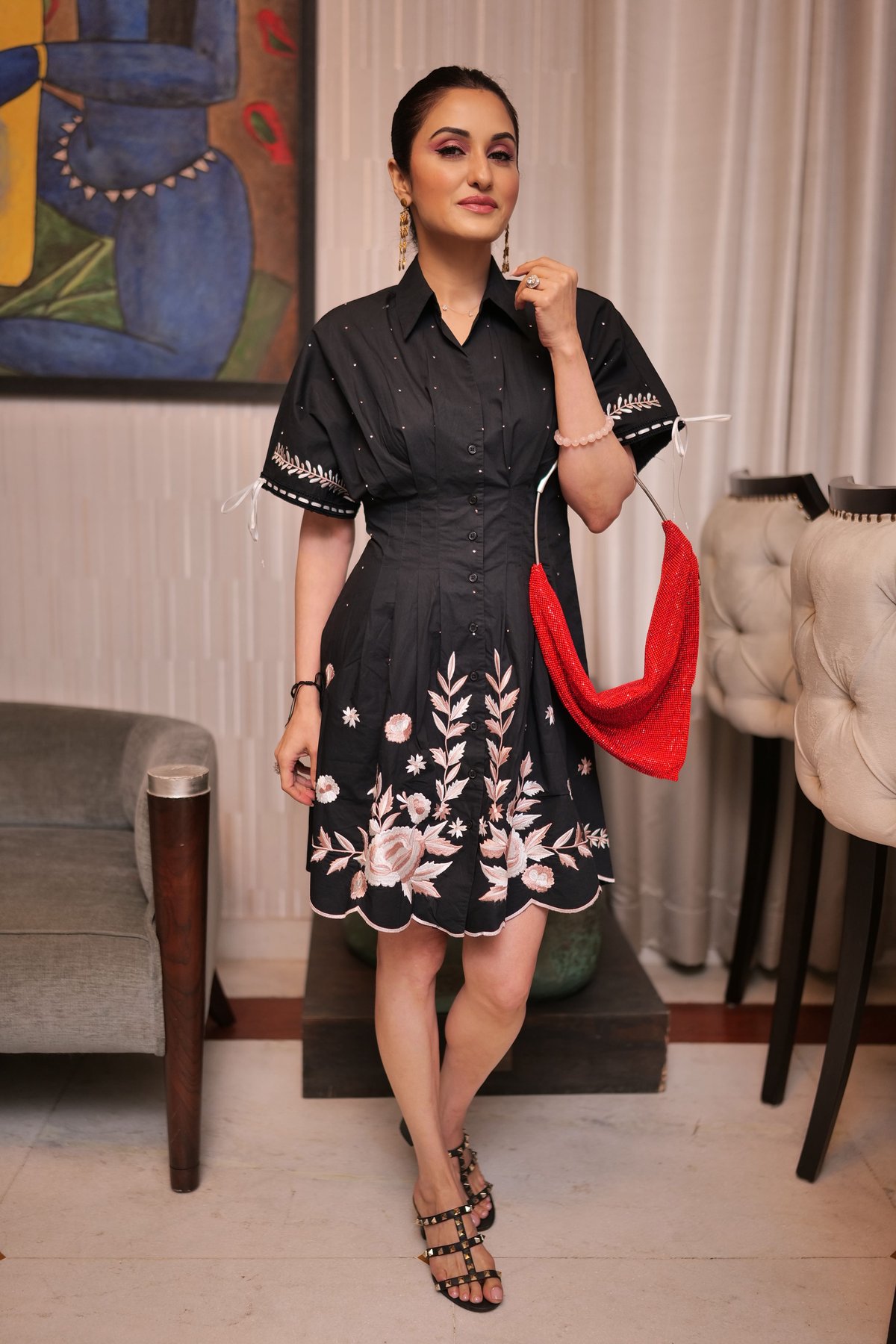 Black Embroidered Fit and Flare Mini Shirt Dress