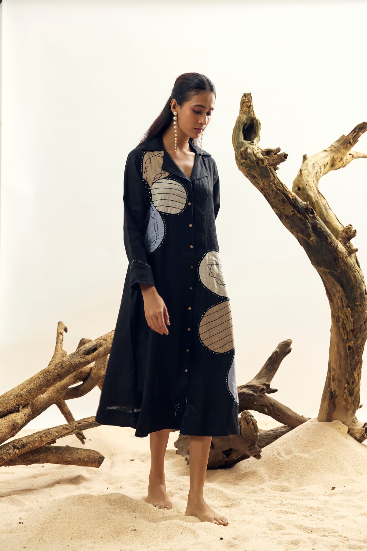 Black Linen Midi Shirt Dress with Patchwork Panels