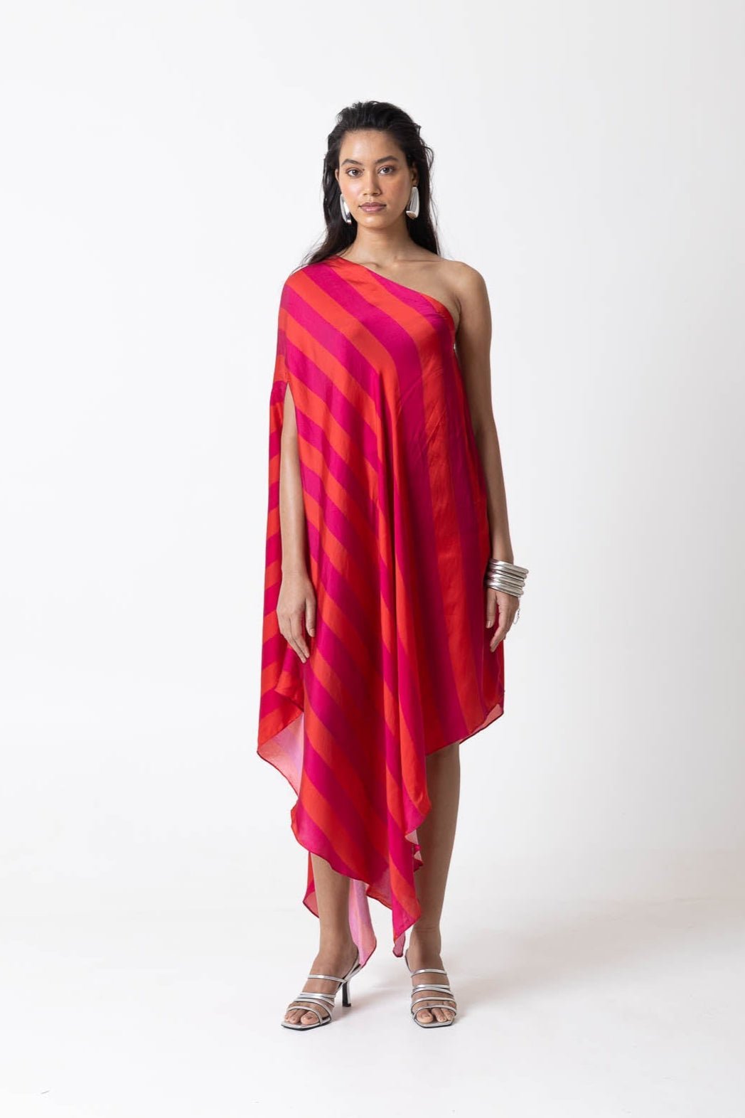 Orange/Pink One-Shoulder Asymmetrical Midi Dress