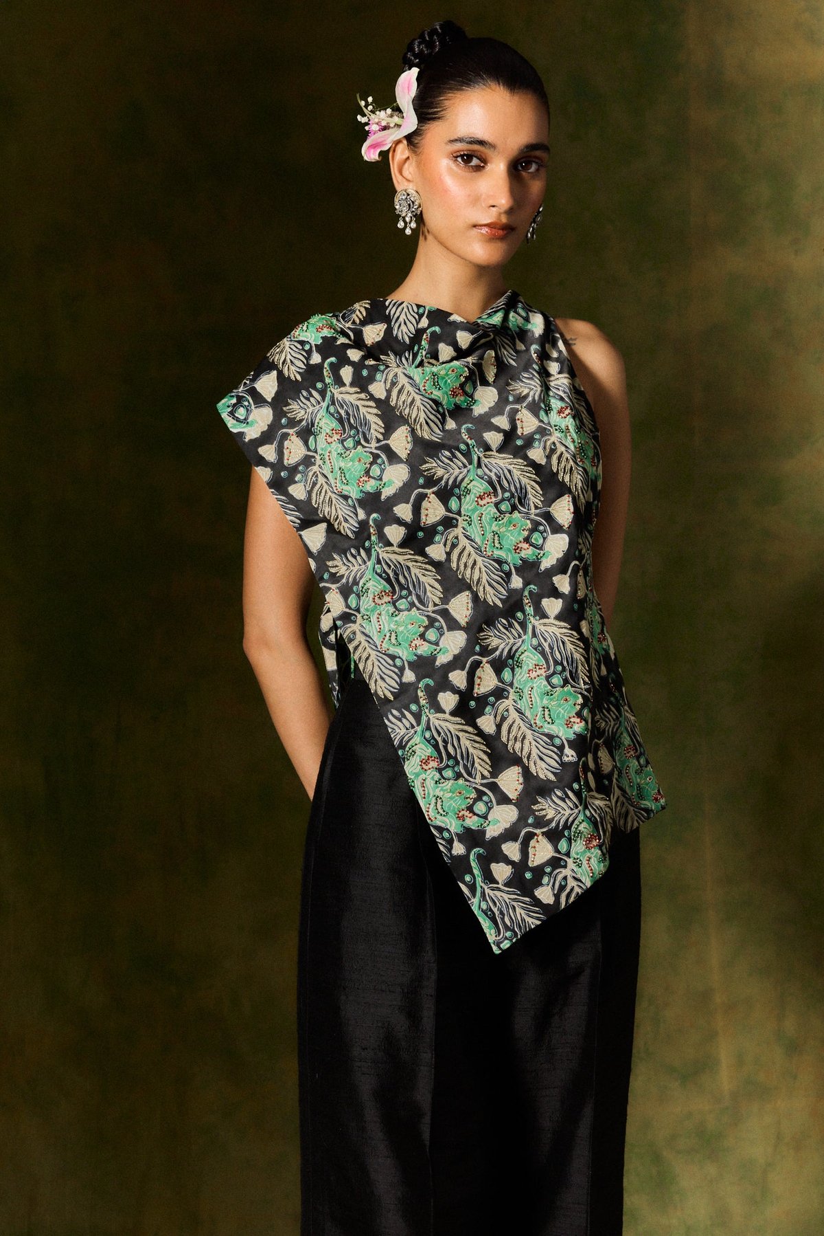 Black/Green One-Shoulder Satin Silk Printed Blouse
