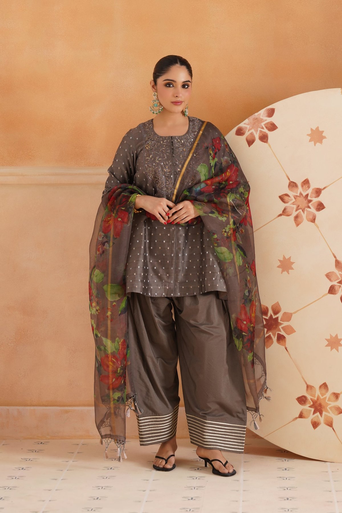 Charcoal Grey Chanderi Embroidered Kurta Set with Dupatta