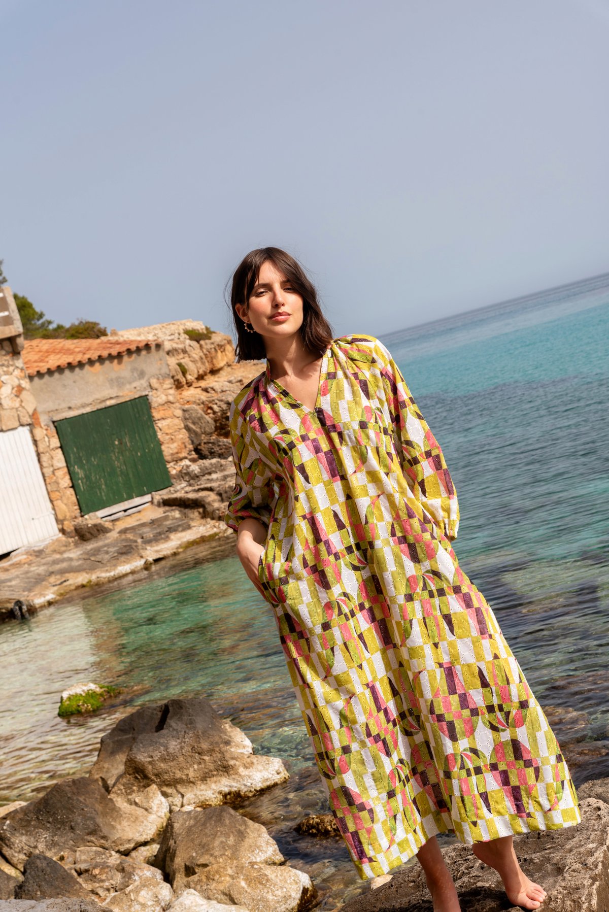 Multicolor Moss Print Oversized Cotton Hakoba Maxi Dress