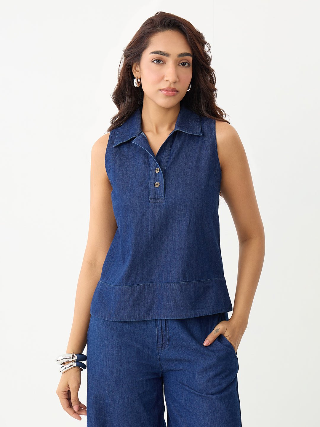 DenimLite Navy Half Placket Top